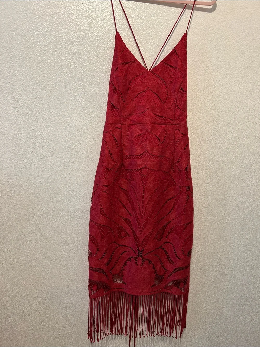 Spaghetti-Strap Burgundy Lace Midi Dress with Fringe